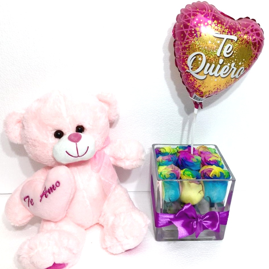 Cubo 9 Rosas Arcoiris m�s Peluche 30 cm y Globito